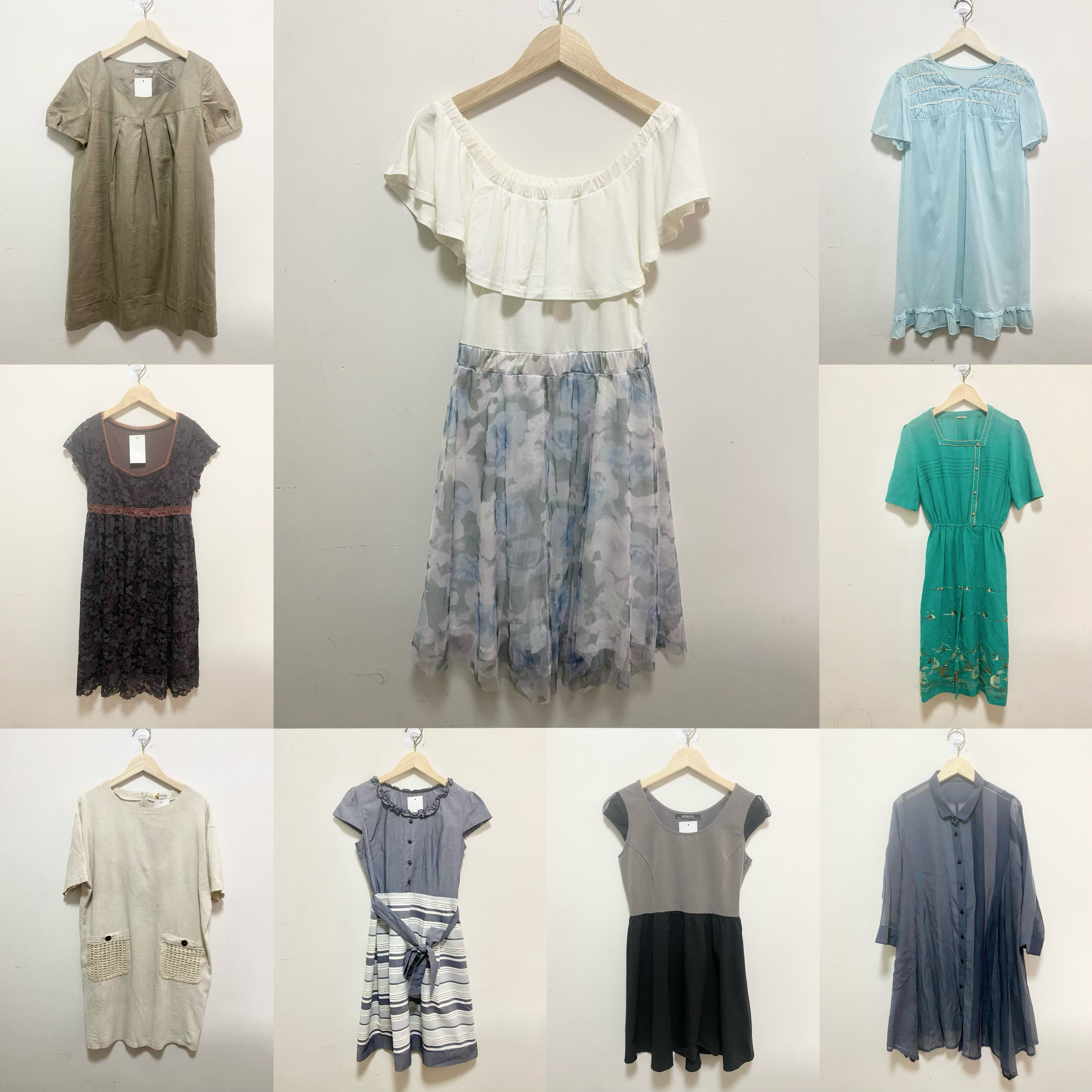 天天古着连衣裙vintage日本夏季女短袖宽松大码中裙纯色上衣L180f