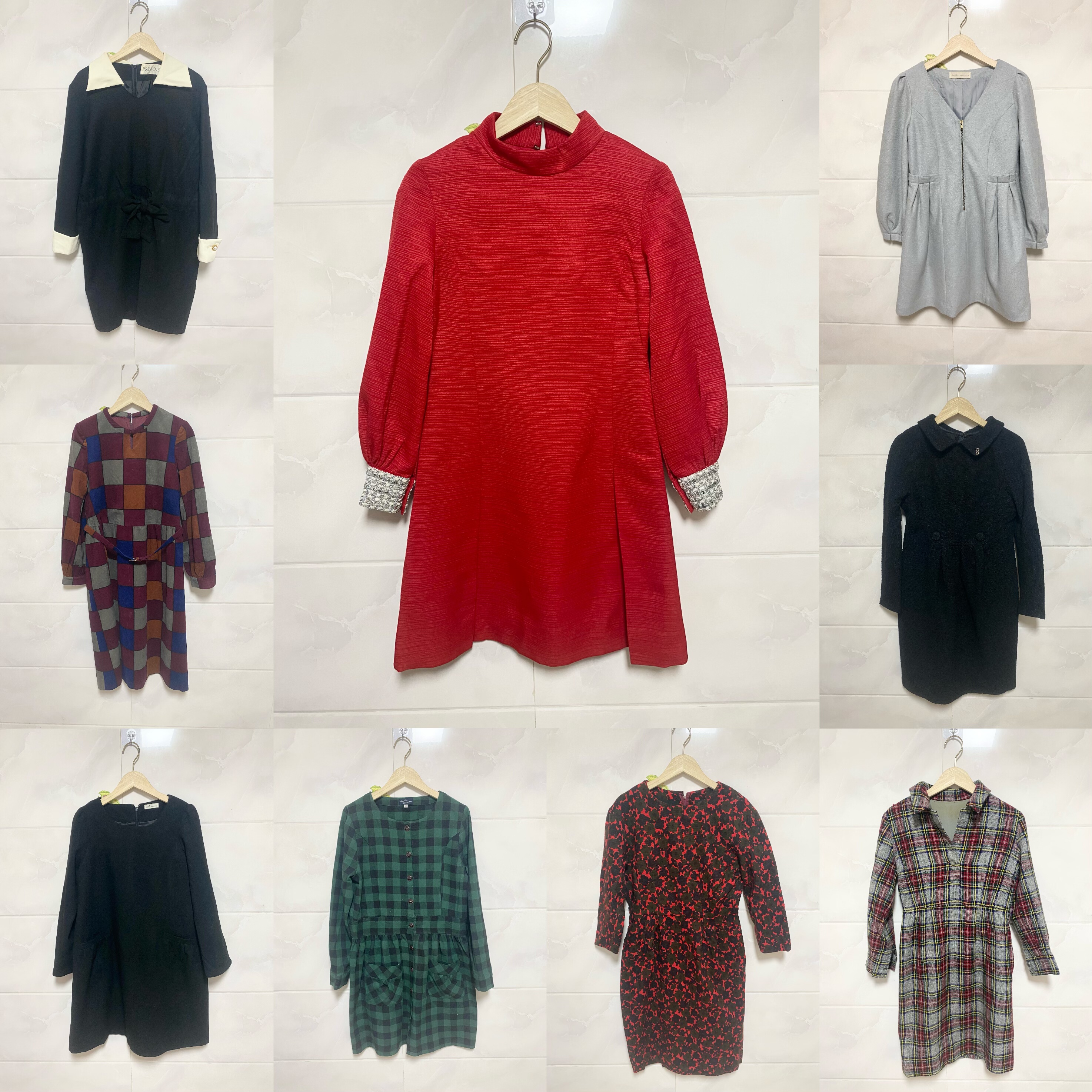 天天古着秋冬中长款连衣裙vintage日本长袖复古收腰修身裙