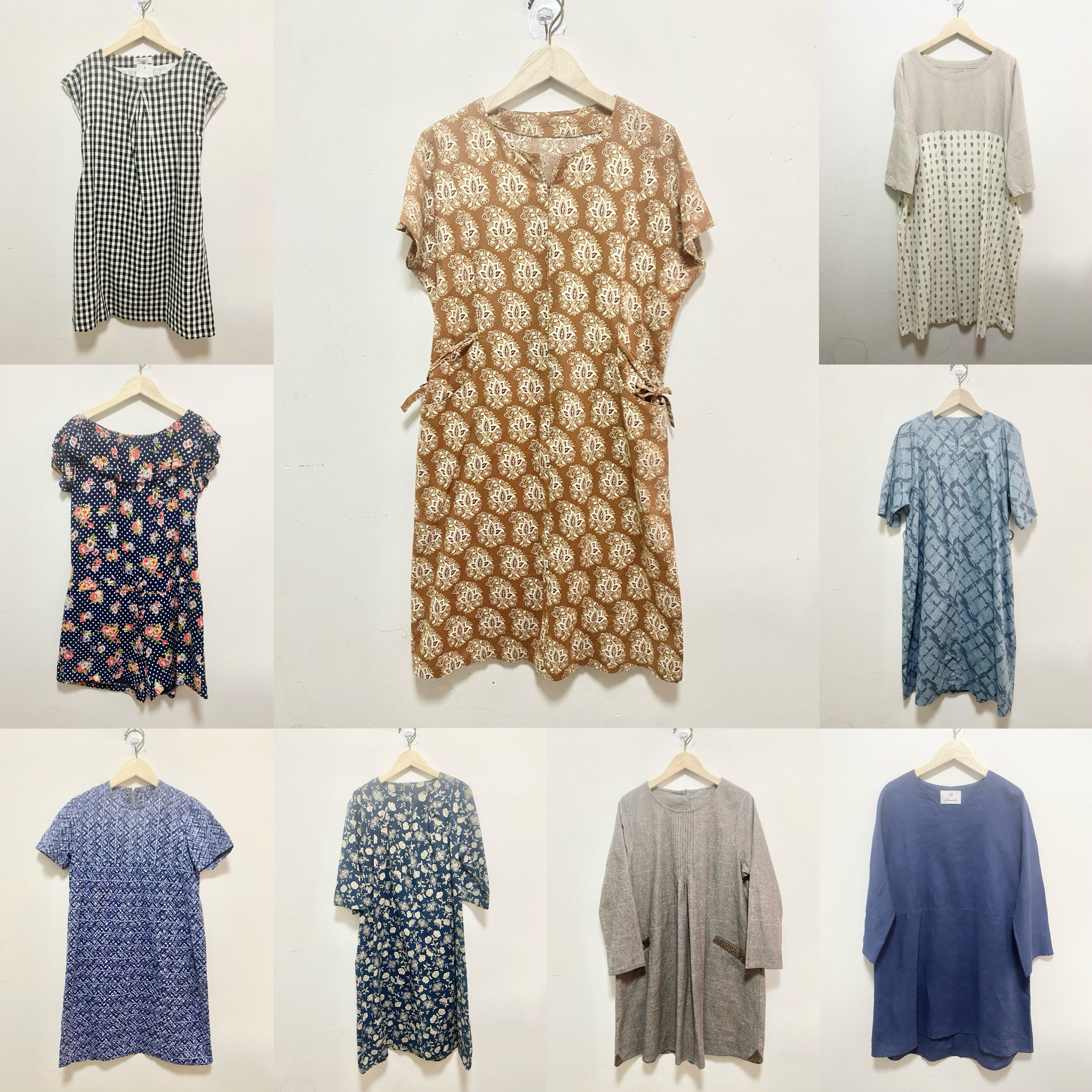 天天古着连衣裙vintage日本夏季格子短袖宽松大码棉质中裙L195f图片
