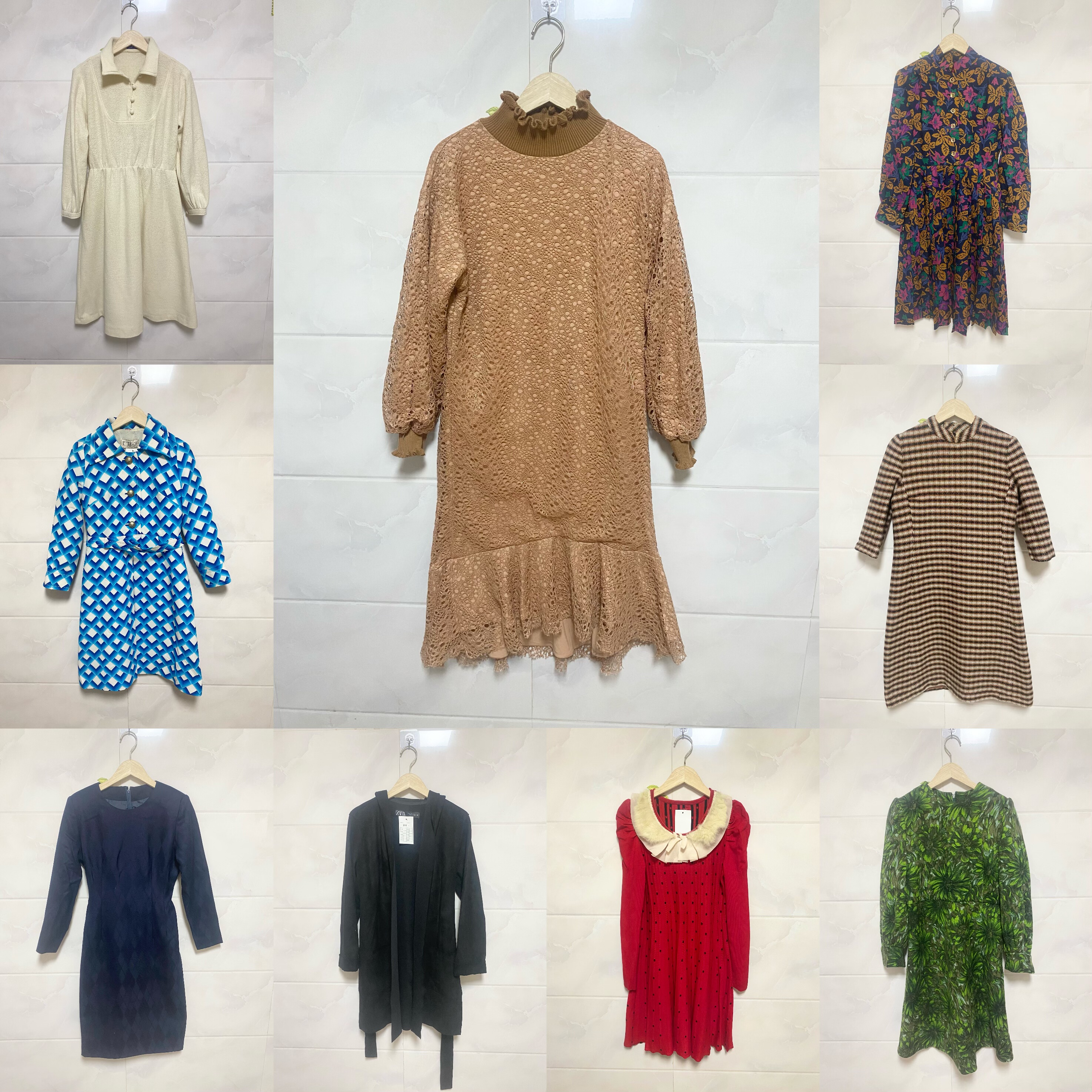 天天古着秋冬长袖连衣裙vintage日本复古中长款女装收腰裙L1l