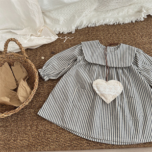 2024秋季新品女童韩版童装条纹翻领连衣裙儿童森系口袋裙子洋气潮