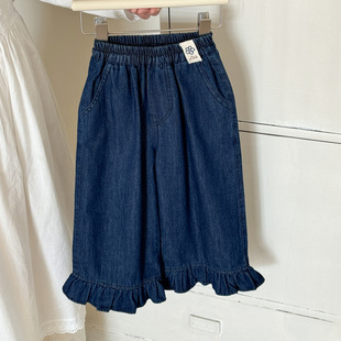 儿童牛仔裤2026春季新品韩版洋气口袋刺绣花边宽松裤脚儿童休闲裤