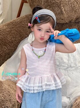 7seven女童夏季粉色条纹吊带背心软纱拼接娃娃衫背心甜美百搭背心