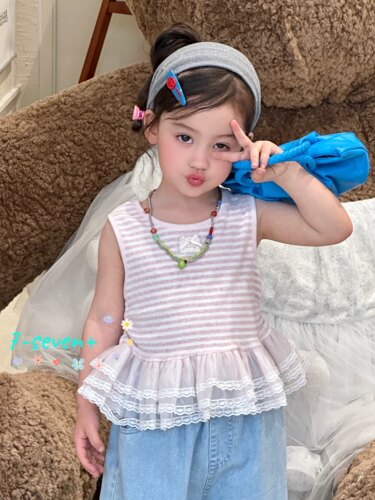 7seven女童夏季粉色条纹吊带背心软纱拼接娃娃衫背心甜美百搭背心