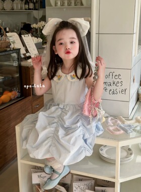 opolala女童夏季娃娃领兔子无袖棉布连衣裙背心裙蓝色花苞群