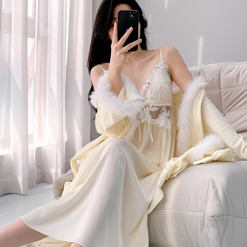 海岛绒睡衣女秋冬长款吊带睡袍两睡袍/浴袍