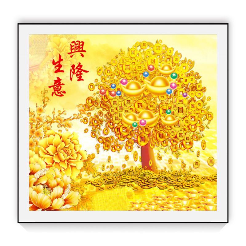 带框钻石画满钻AB钻手工贴钻绣客厅玄关摇钱树发财树生意兴隆新款
