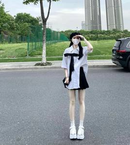 蝴蝶结衬衫女夏2022新款韩版宽松法式小众白色短袖衬衣设计感小众