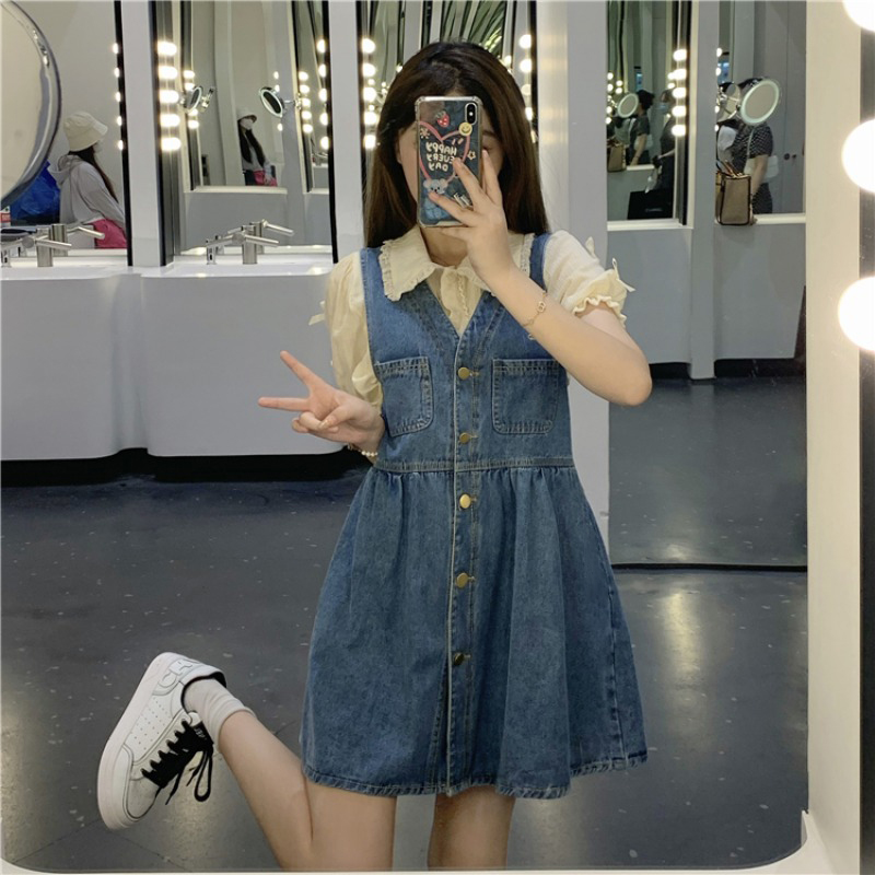 时尚减龄水洗牛仔背带裙套装裙女装夏季新款炸街时尚网红两件套潮