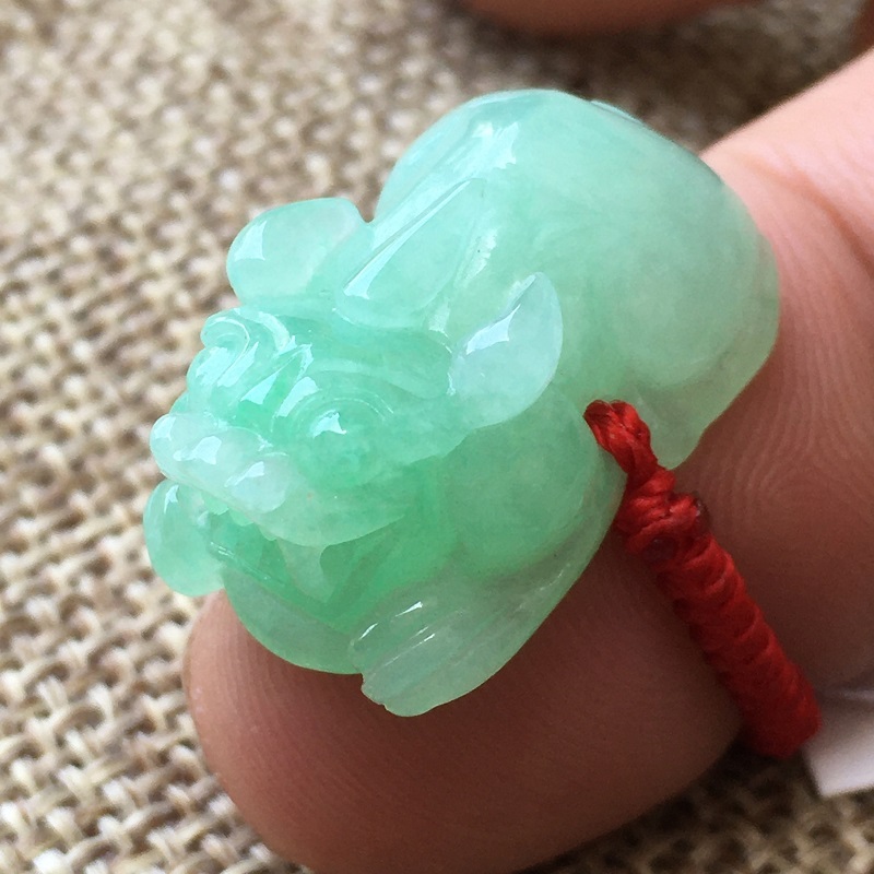 良玉正品 缅甸玉天然翡翠戒指冰种飘绿DIY貔貅一步登天女手工绳编