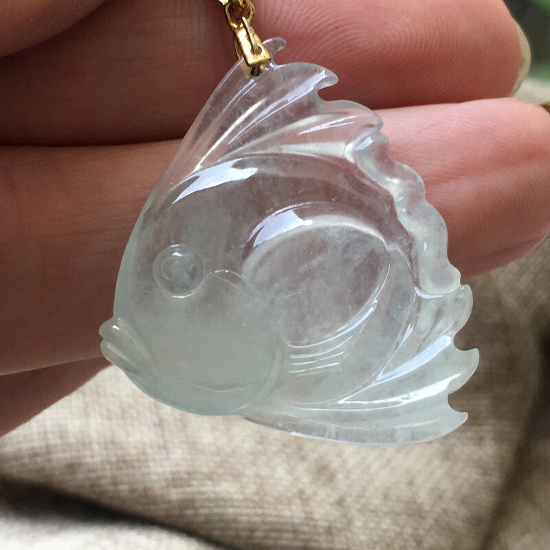 良玉正品 老坑冰种飘花缅甸玉天然翡翠金鱼吊坠A货起胶连年有余