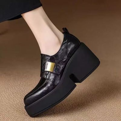 2025新款厚底增高尖头秋冬单鞋英伦风小皮鞋女软底软面松糕乐福鞋