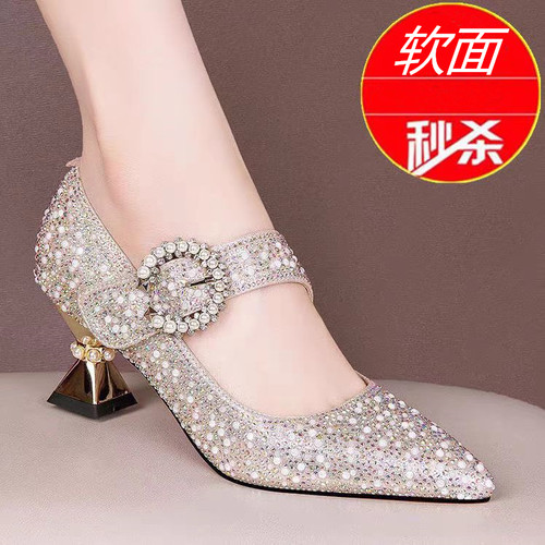 2025新款时尚皮带扣高跟鞋粗跟尖头单鞋女珍珠水钻扣浅口春秋女鞋