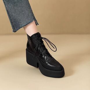 增高厚底尖头短靴2025秋冬新款 松糕底马丁靴系带英伦风显瘦靴子女
