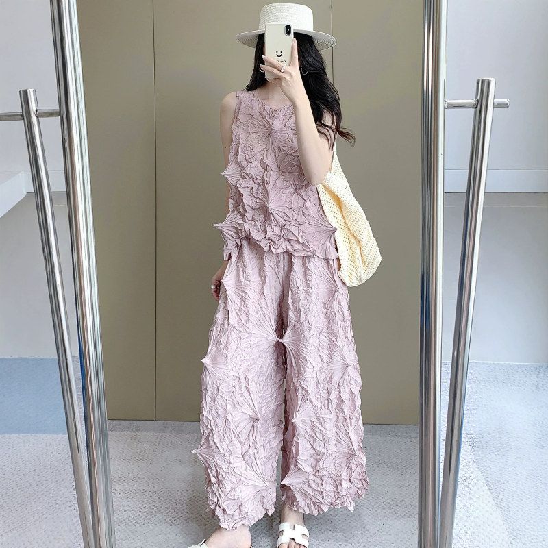 立体褶皱无袖套装女夏季手工揪褶钻石背心宽松阔腿裤休闲两件套