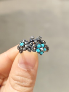 中古Vintage碌山绿松石珍珠银戒戒指