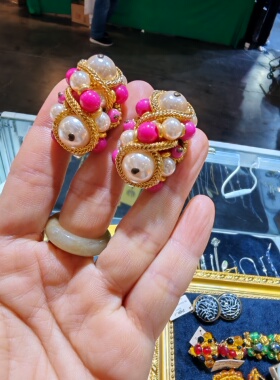 法国中古打标串珠粉色耳夹