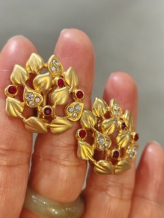 中古Vintage复古红色莱茵石点缀耳夹