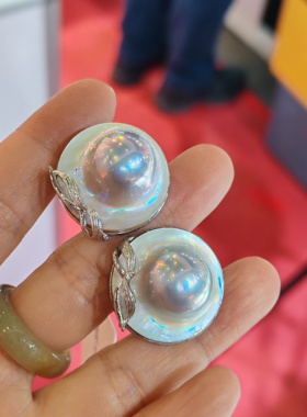 中古银托天然马贝珠耳夹