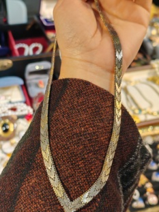 中古Vintage意大利打标银镀三色金编织链V链蛇骨链项链