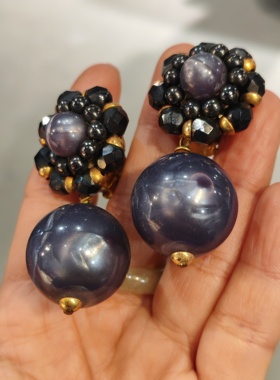 法国中古vintage灰紫色串珠耳夹