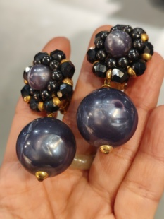 法国中古vintage灰紫色串珠耳夹