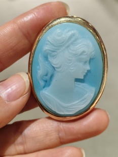 中古Vintage蓝色卡梅奥胸针吊坠两用款