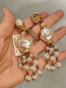 法国中古vintage珍珠流苏耳夹