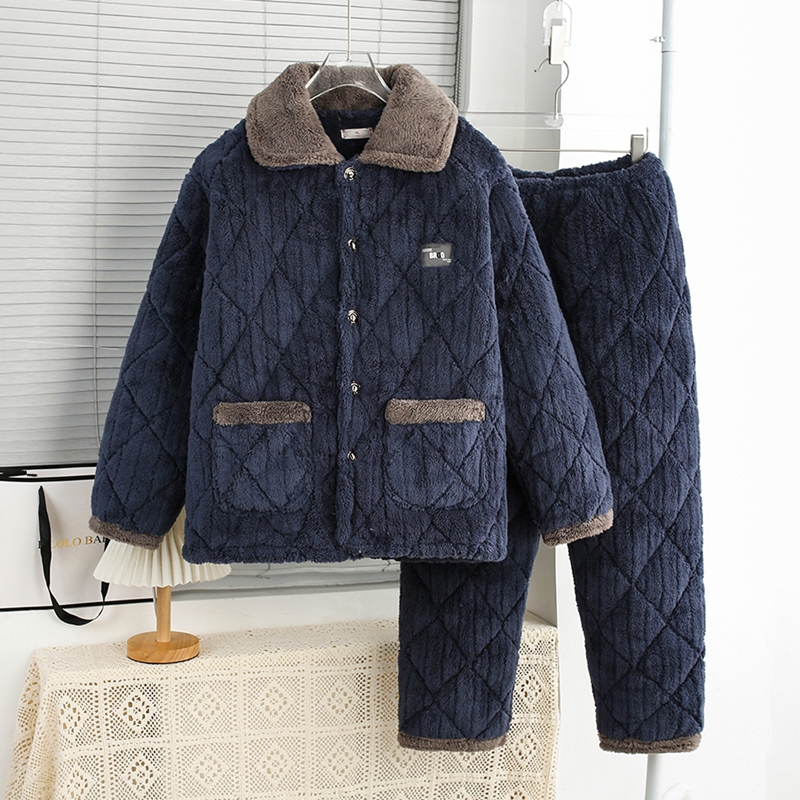 布来得男法兰绒加厚保暖夹棉睡衣