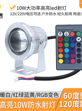 防水led射灯10W 12V鱼缸景观喷泉灯七彩RGB变色聚光户外投射灯24V