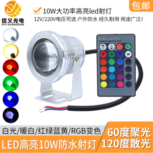 防水led射灯10W 12V鱼缸景观喷泉灯七彩RGB变色聚光户外投射灯24V