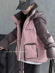 欧版女童中大童白鸭绒加厚羽绒服时尚百搭口袋短款面包服拼色外套