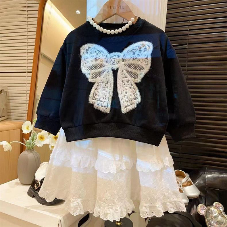 女童蕾丝蝴蝶结卫衣春秋款2026新款宝宝上衣白色蛋糕裙洋气两件套