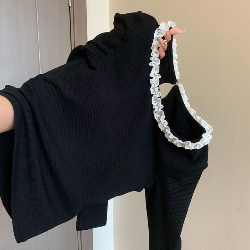 女童长袖t恤纯棉修身早秋上衣2025新款宝宝螺纹棉花边蕾丝辣妹装