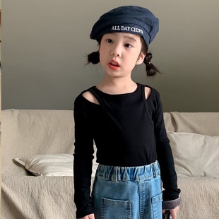 女童春装上衣2025新款宝宝韩版洋气露肩长袖T恤个性假两件打底衫