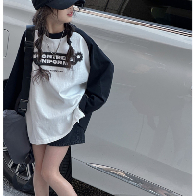 女童纯棉打底衫2025春秋新款中大童字母薄款长袖T恤插肩袖潮上衣