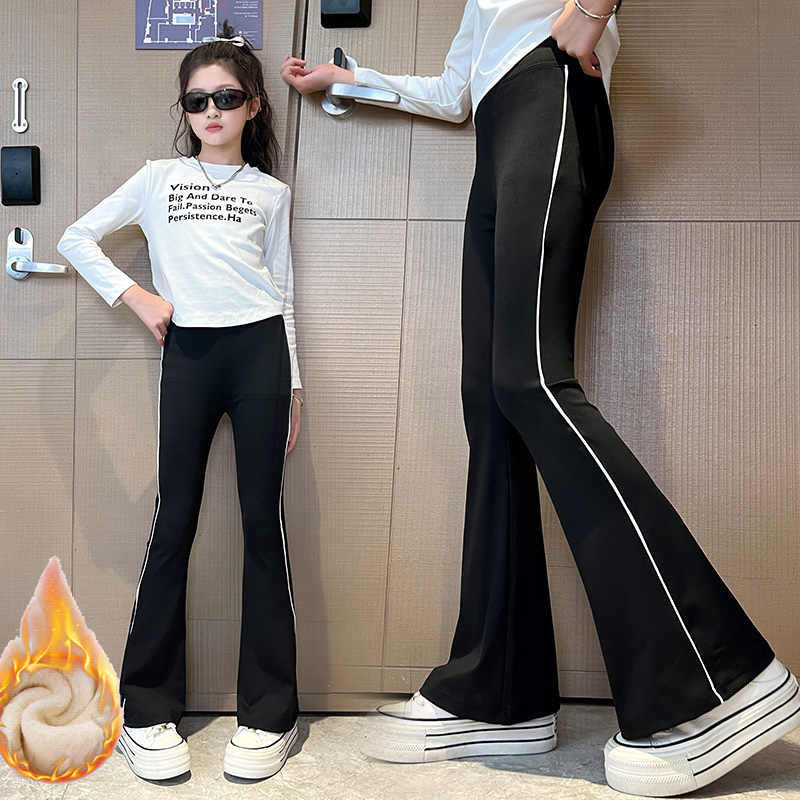 女童加绒喇叭裤弹力鲨鱼裤新款洋气儿童黑色紧身裤外穿加厚微喇裤