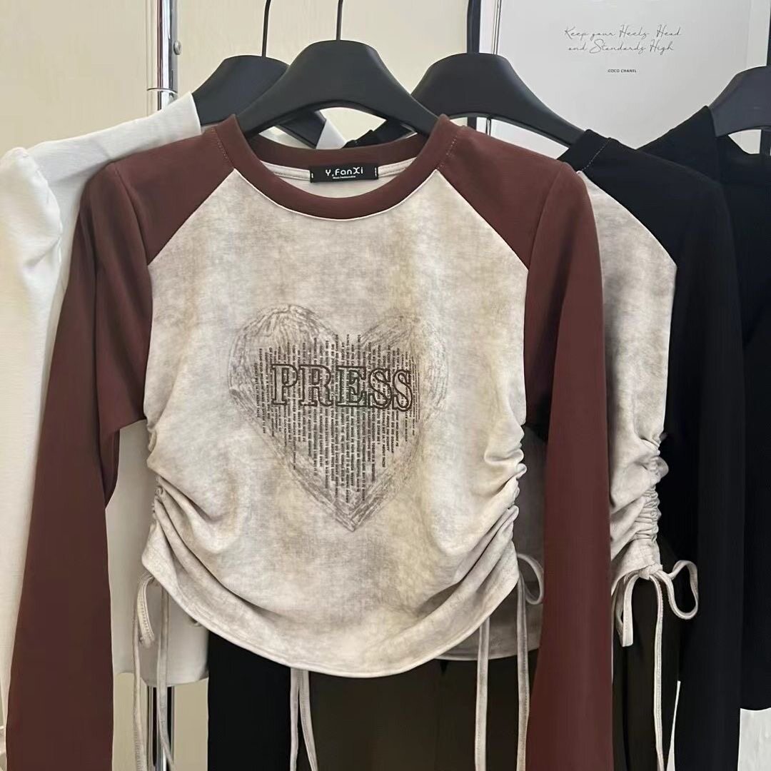 女童长袖T恤打底衫新款韩版中大童洋气女孩爱心拼色抽绳辣妹长袖