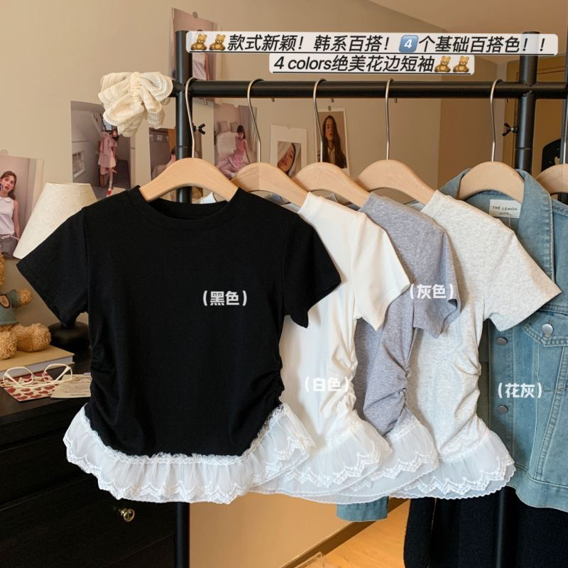 亲子女童纯棉蕾丝边短袖T恤2025年夏季新款中大童短款洋气潮上衣