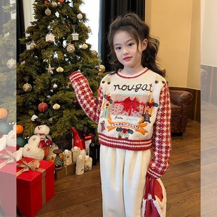 亲子装儿童圣诞毛衣男女童喜庆卡通格子圣诞树雪人加厚针织衫上衣