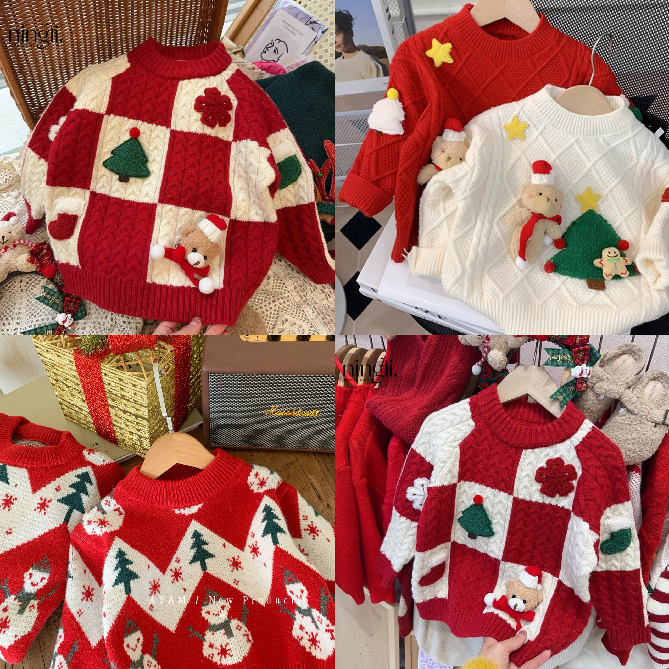 亲子装儿童红色圣诞毛衣男女童喜庆卡通圣诞树雪人加厚针织衫上衣