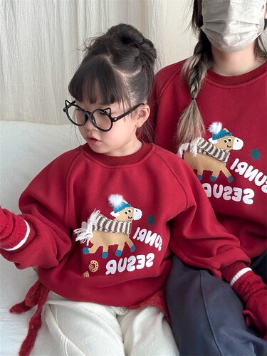 亲子母女装儿童马年加绒卫衣2026新款红色小马圣诞新年拜年服上衣