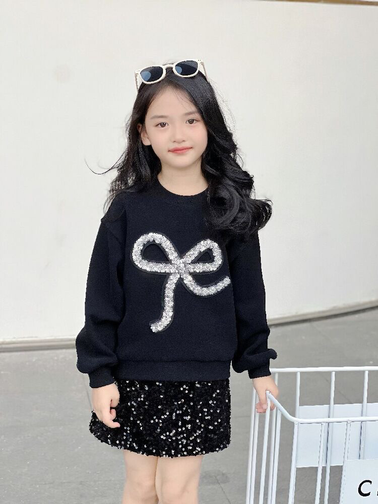 亲子女童卫衣春秋2026新款洋气儿童亮片蝴蝶结时尚上衣短裙两件套