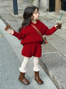 女童红色毛衣套装新年冬季2026新款宝宝连帽针织衫短裤洋气两件套