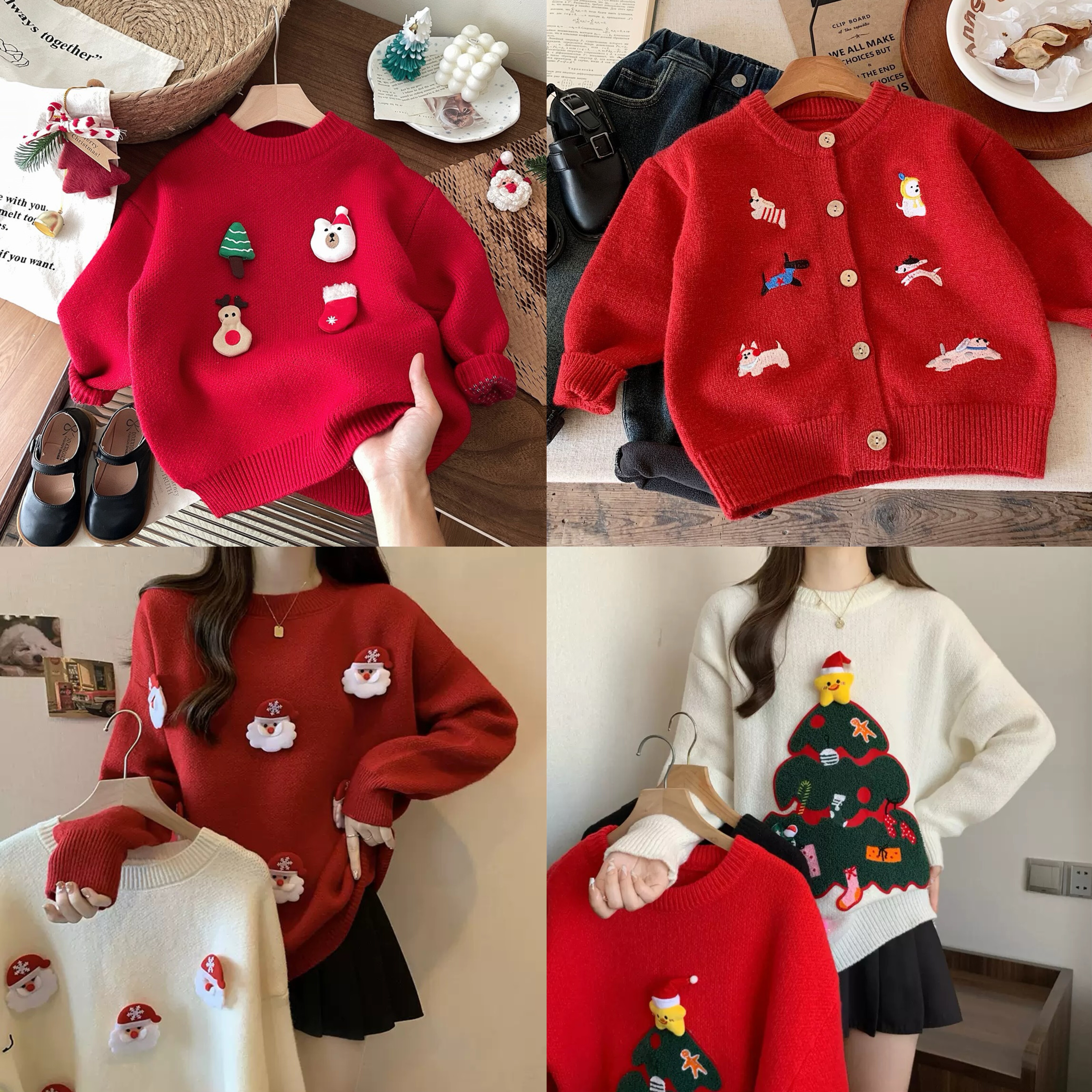 亲子装儿童红色圣诞毛衣男女宝宝圣诞树雪人卡通加厚针织衫上衣