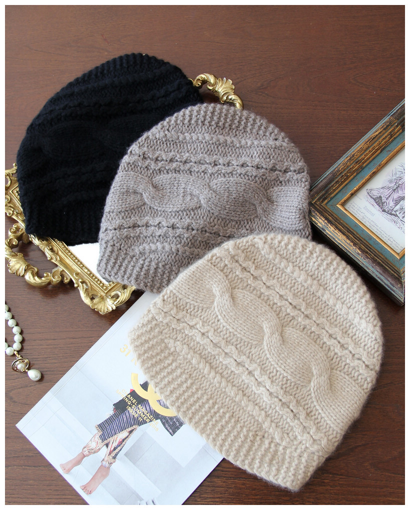 法式保暖粗线复古绞花纯羊绒帽子开司米毛线针织帽女