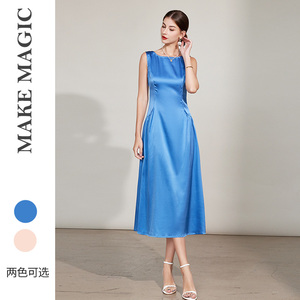 断码清仓款拓美桑蚕丝气质低腰长裙褶皱无袖缎面真丝连衣裙女