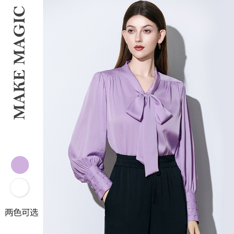 拓美2026夏季新款法式浪漫飘带领真丝桑蚕丝高级感长袖衬衫女上衣