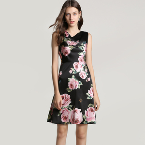 2025夏装新款重磅真丝印花连衣裙荡领桑蚕丝无袖收腰修身连衣裙