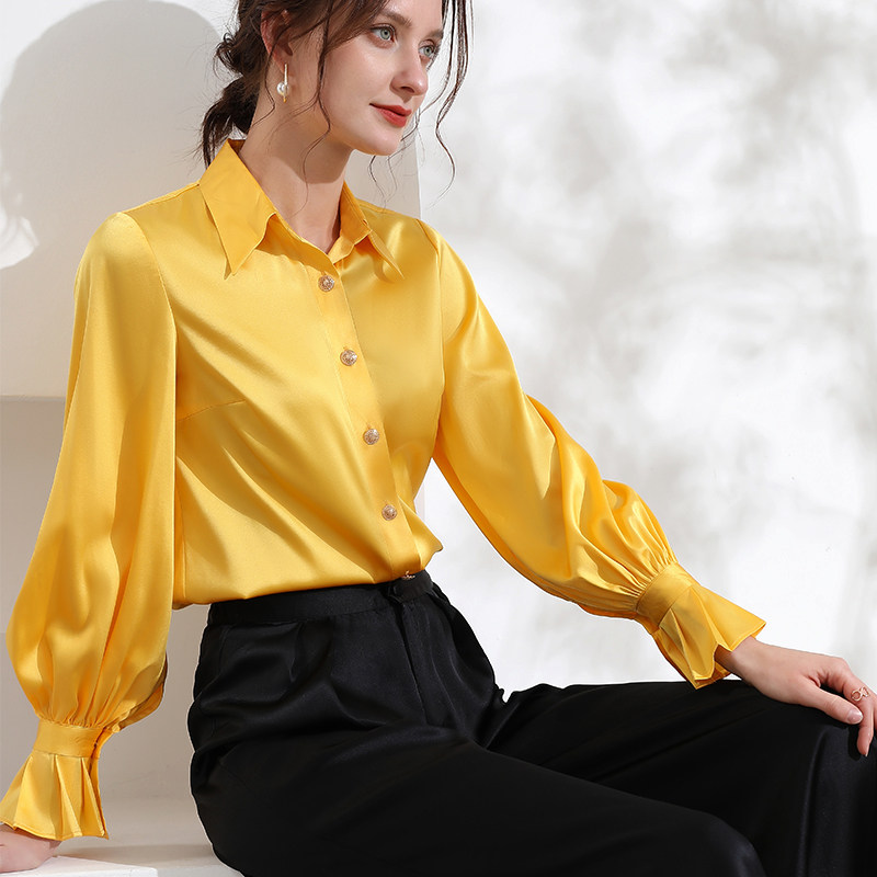 拓美2026春季女装新款桑蚕丝明黄色缎面衬衣褶皱高级气质纯色上衣